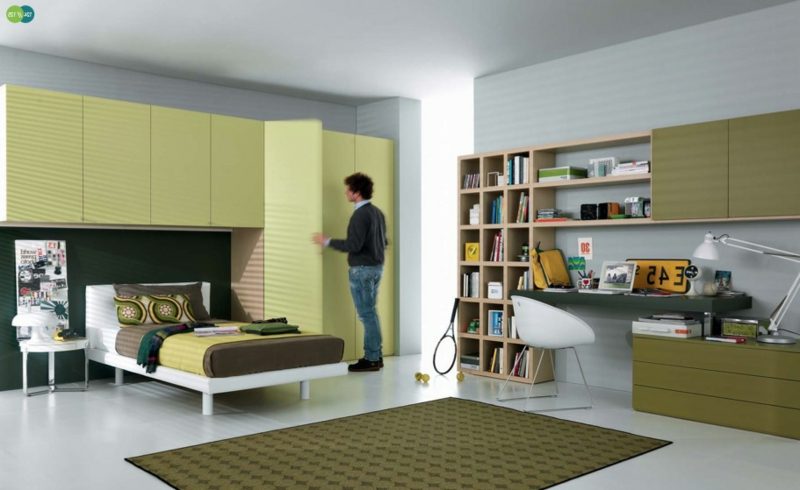 Ragazzo della stanza di design per adolescenti Ragazzo adolescente che sistema la stanza ragazzo accenti verde oliva