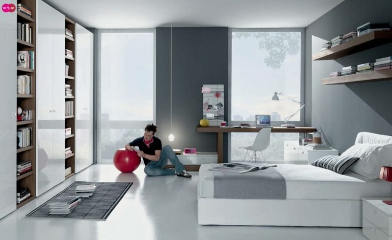 Ragazzi camera design ragazzo minimalista colori neutri Adolescente che allestisce una stanza ragazzo grigio bianco