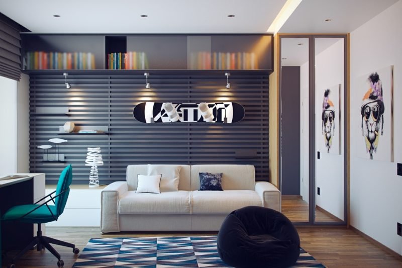 Skateboard moderno della decorazione della parete di progettazione della stanza dell'adolescente Stanza degli adolescenti che allestisce la decorazione della parete dello skateboard