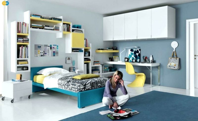 Camera adolescente design moderno ragazza Accenti di allestimento per la stanza degli adolescenti giallo blu