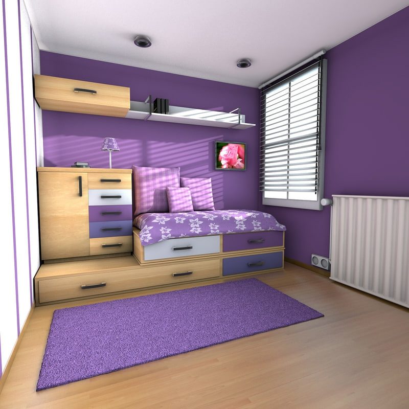 Camera per adolescenti design salvaspazio moquette colore parete viola Camera per adolescenti allestita look moderno viola